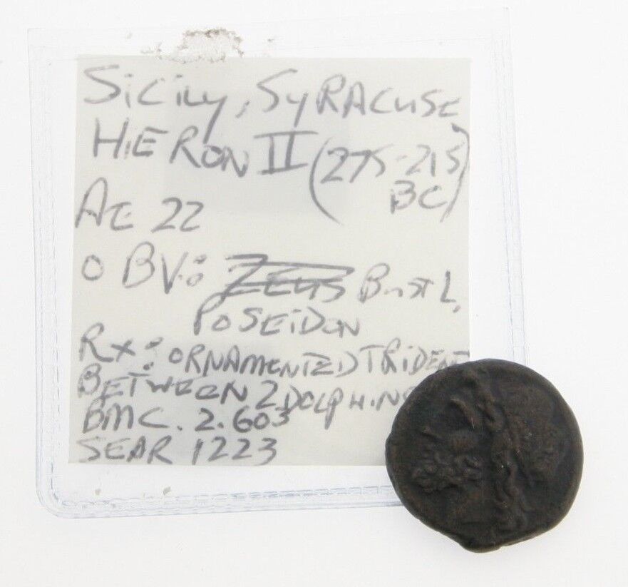 275-215 BC Syracuse Sicily AE20 Coin Hieron II Poseidon Trident Dolphins  Greek