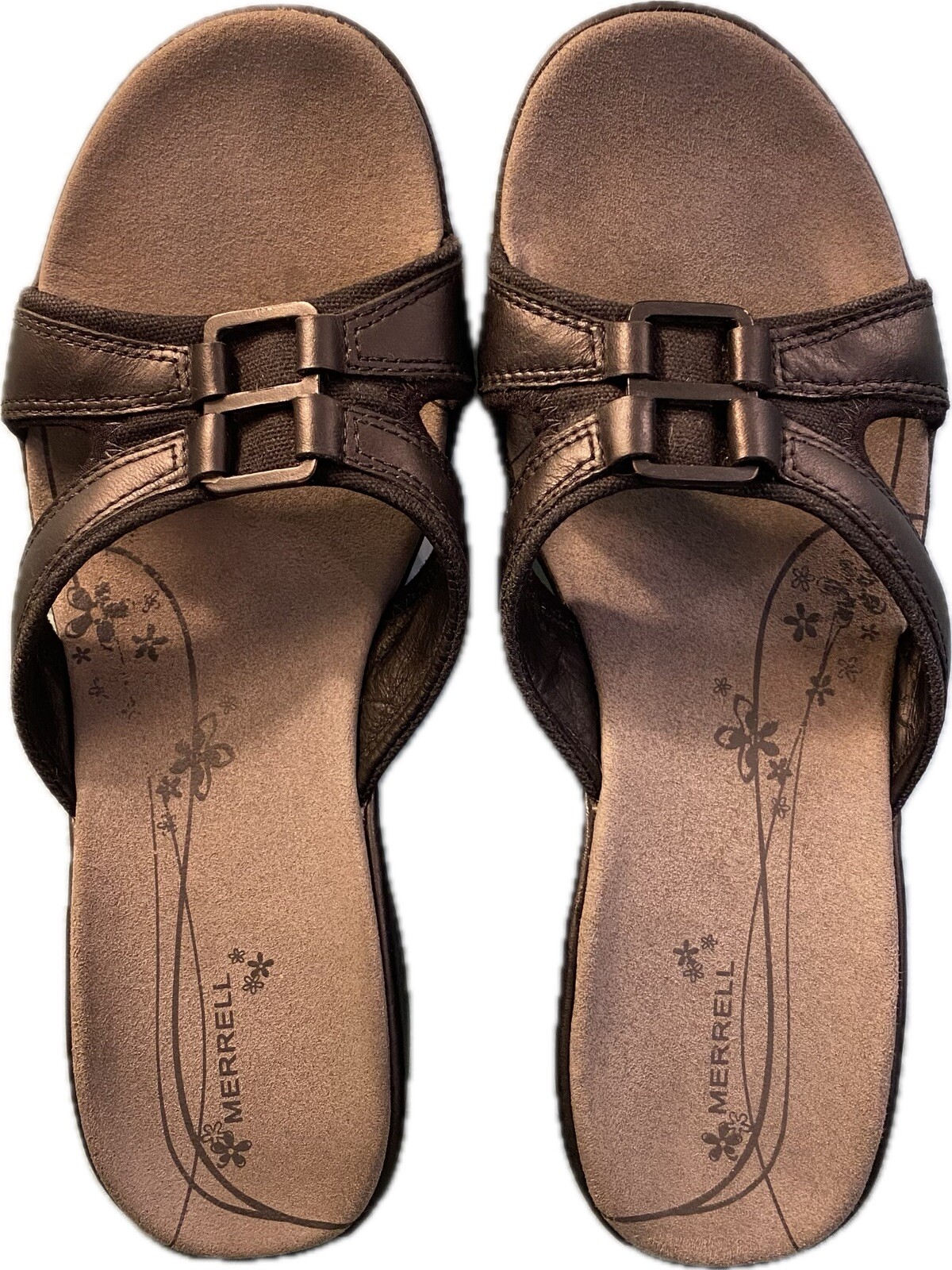 Sandali da donna Merrell usati in ottime condizioni con zeppa di rugiada neri in pelle taglia 9 suola Vibram