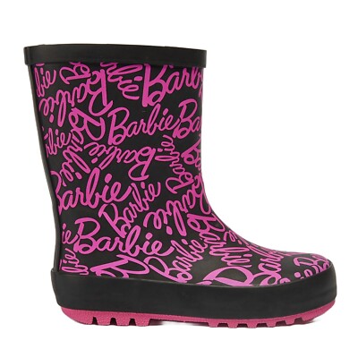 MÄDCHEN BARBIE SCHWARZ PINK GUMMISTIEFEL WASSERDICHT GUMMISTIEFEL GRÖßE UK 8 2