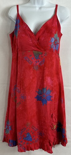 Bali Batiks Hand Painted Resort Wear Dress Sz L Red Blue Batik Empire Ruffle Zip