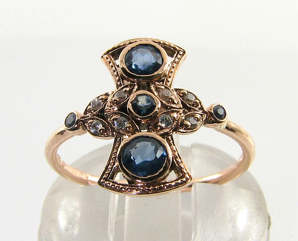 Anillo de Cluster Art Deco 9K 9CT Oro Rosa Zafiro Diamante Rosa