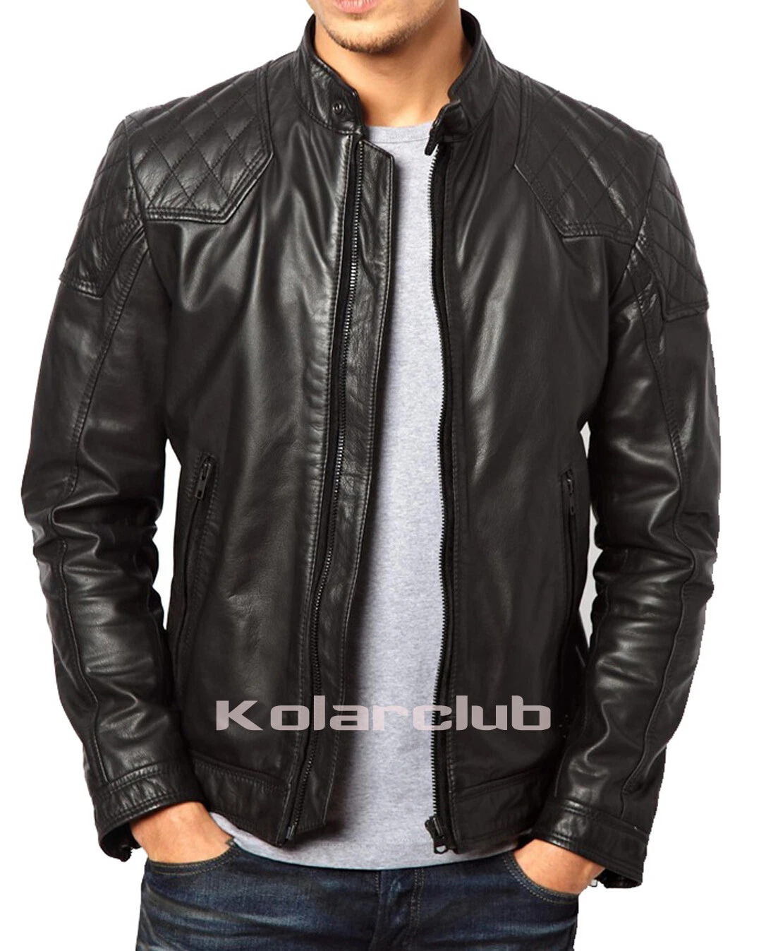 Leather Jacket Motorcycle Biker Men's Black Genuine Real Mens Vintage Coat