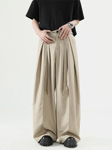 Men's Khaki Loose Wide-leg Trousers Casual Summer Pleated Pants  - Picture 8 of 16
