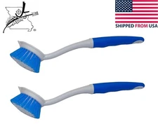 2x Plastic Bristle Scrub Brushes Cleaning Dishwashing, Scraping Edge Grip Handle
