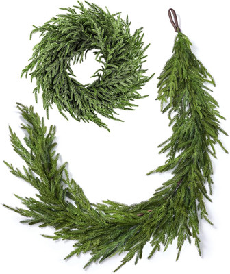 Real Touch Norfolk Pine Christmas Garland and Wreath Set, 24IN Green Wreath and 