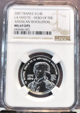 2007 FRANCE SILVER 1/4 EURO HERO OF THE AMERICAN REVOLUTION NGC MS 69 DPL TOP