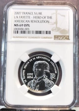 2007 FRANCE SILVER 1/4 EURO HERO OF THE AMERICAN REVOLUTION NGC MS 69 DPL TOP