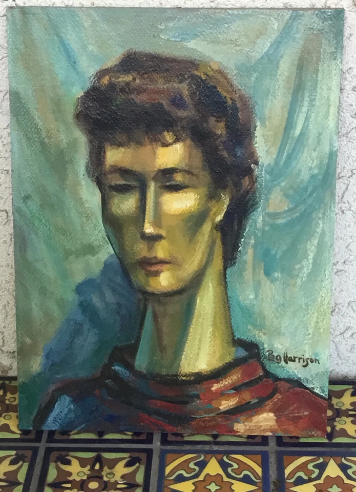 Retrato al óleo Harrison vintage MCM abstracto expresionista años 50 era Beat Foto 2 de 4