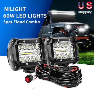 NILIGHT 4 INCH LED PODS LIGHT 2PCS 60W SPOT FLOOD COMBO BEAM TRI-ROW LIGHT BAR