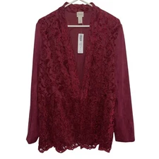 Chico's Lace Trim Blazer Jacket Open Front Burgundy Career Size 3 Suede Boho