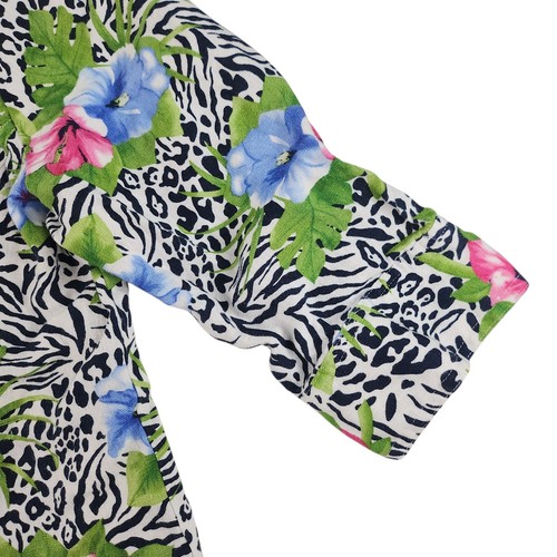 Cárdigan hawaiano vintage para mujer PL grande pequeño 100 % lino estampado de cebra hibisco - Imagen 7 de 16