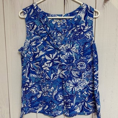 Lilly Pulitzer Dev Sleeveless Knit Top Large Blue Tang Flocking EUC