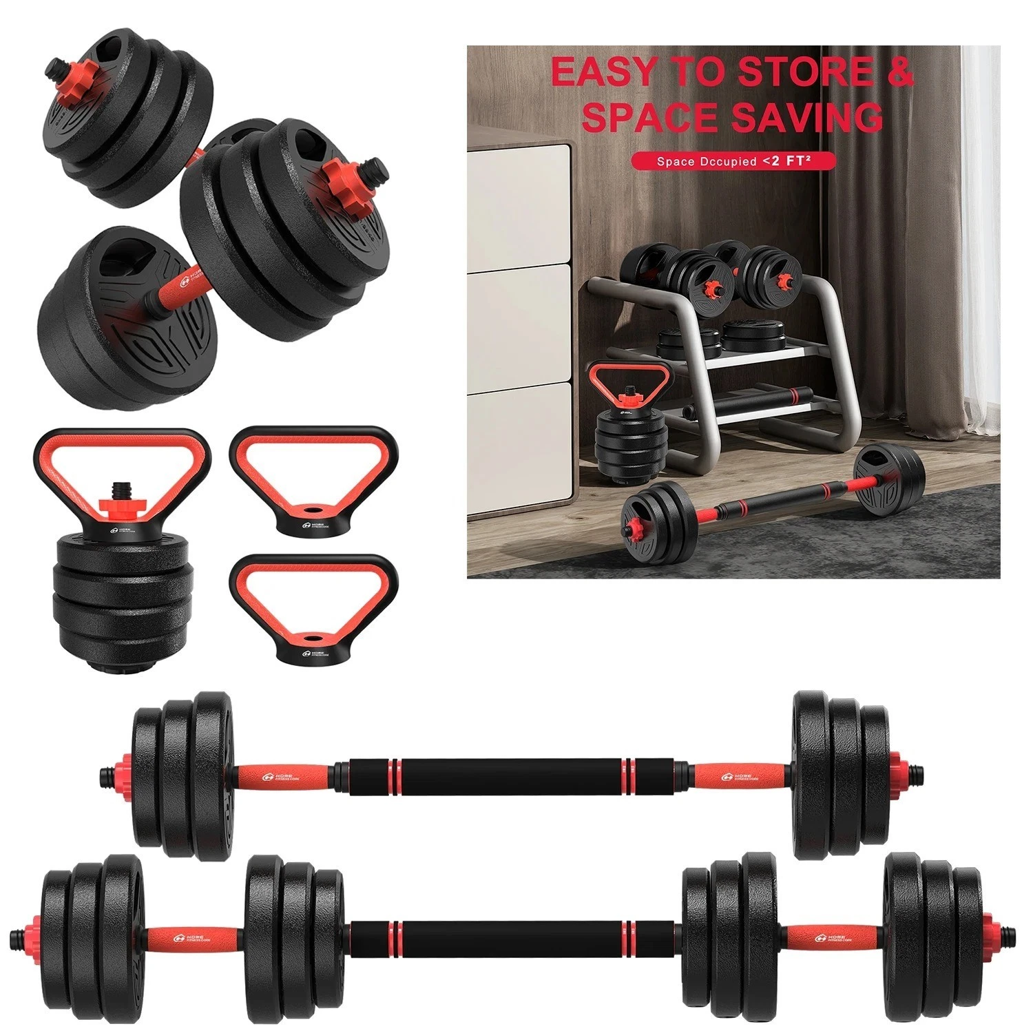 3-in-1 Dumbbells Set 20kg Adjustable Weights with Barbell Bar Home Gym Equipment