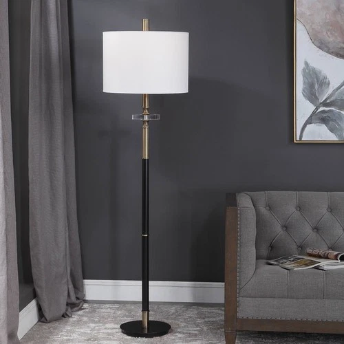 Modern Floor Lamp 67" Tall Aged Black Brass White Drum Shade Living Room Office - Picture 1 of 7