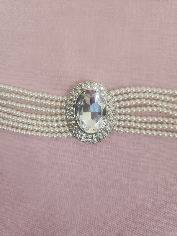 Vintage 7 Strand Faux Pearl Choker Necklace Large Oval Rhinestone Crystal Clasp