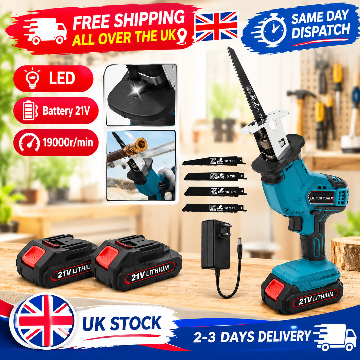 2 Battery 21V Reciprocating Saw Cordless Hand Saw Electric Wood Metal Cutter UK