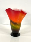 Freeform Handkerchief Vase Murano Style Cased Blown Glass Vtg Red Orange Yellow