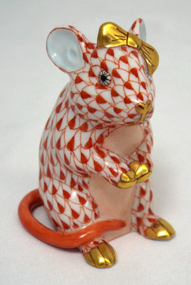 Herend FIGURINE Rust Fishnet Mouse with Gold Bow 16137 Hungary 24K Gold Blue Ear