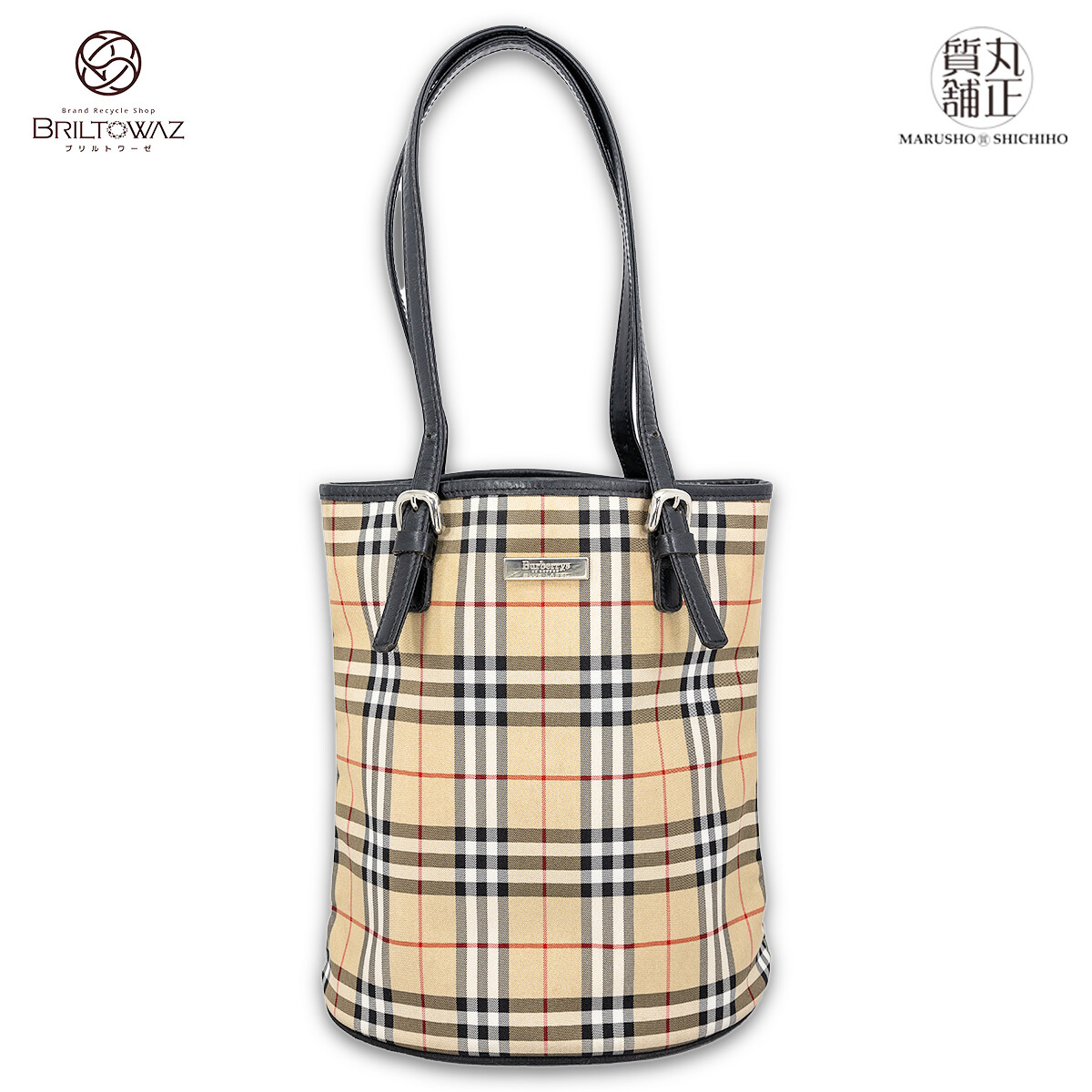 Burberry Blue Label Nova Check Bucket Tote Bag Nylon Canvas Leather Beige Blac