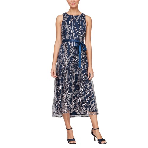 Woman's Dresses Alex Evenings Midi Length Embroidered Dress with Satin Tie Belt