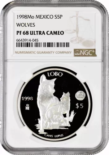 Mexico 5 pesos 1998, NGC PF68 UC, "World Wildlife Fund - Wolf" silver coin