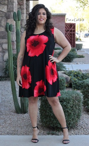 New PLUS SIZE Womens BLACK RED FLORAL BOHO A LINE SLEEVELESS TANK DRESS 2X 3X