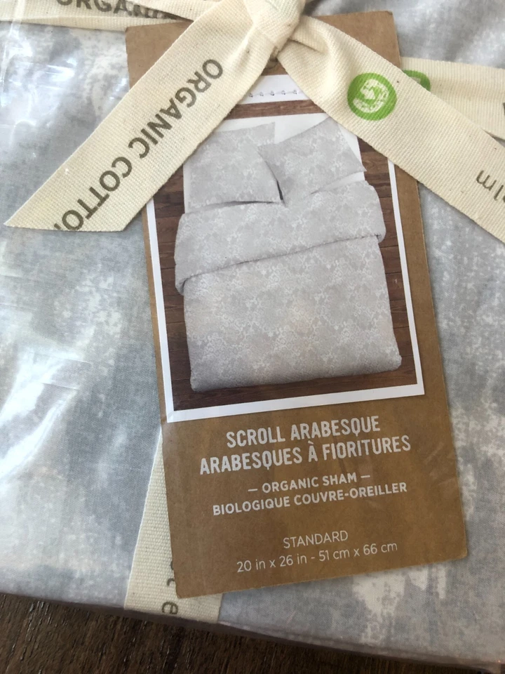 West Elm Organic Cotton Pillow Sham Frost Gray Scroll Arabesque Standard Set 2 - Image 4 of 4