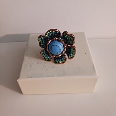Blue Howlite Austrian Crystal Flower Ring in ION Plated Rose Gold Size 8
