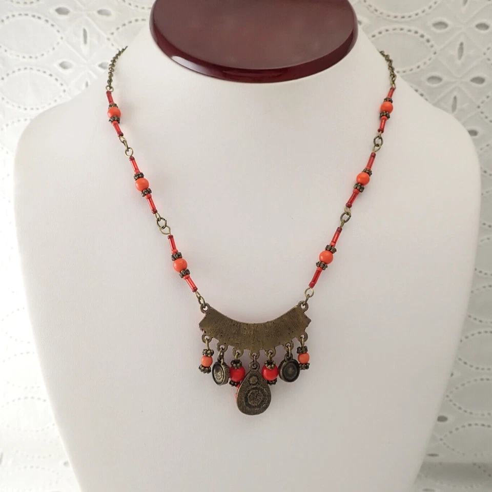 CAROL DAUPLAISE 橙色红色珠水晶青铜危险 17 英寸 ADJ 项链全新带标签 — 第 3/4 张图片