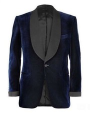 Blue Men Velvet Coat Groom Tuxedo Wedding Suit Jacket Dinner Party Prom Blazer