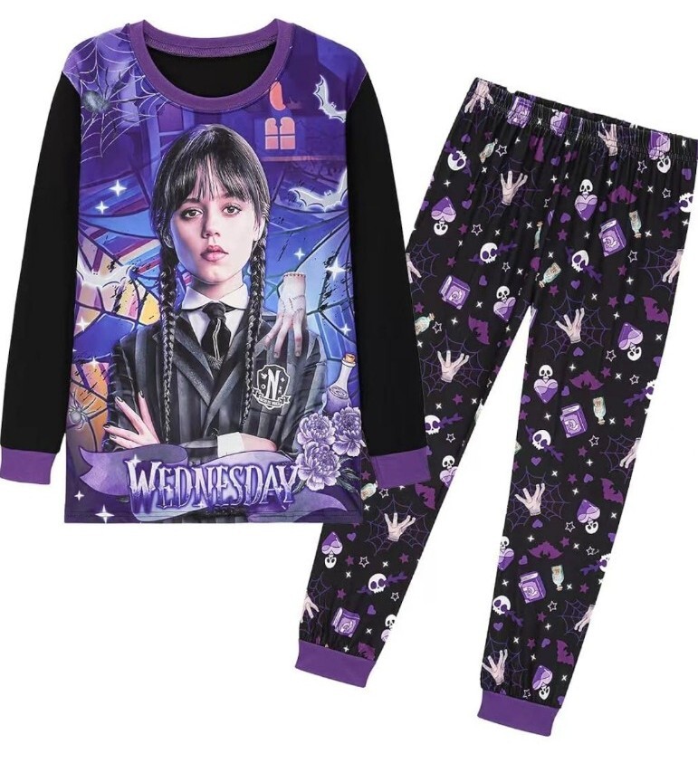 Wednesday Pyjama voor dames, nachtkleding met lange mouwen en broek, pyjamaset voor vrouwen en tieners, S-XL, cadeaus voor haar (zwart/hand, S