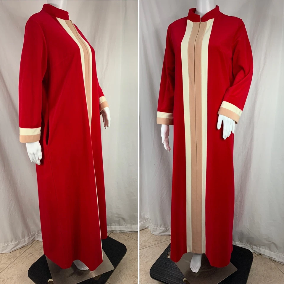 VINTAGE VANITY FAIR Long Nightgown Size 14 Kaftan Red Beige 3/4-Zip Pocket Mumu - Image 2 of 4