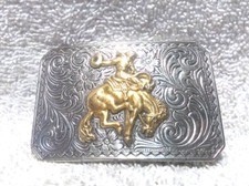 Nocona Gold Bucking Bronco Buckle Silver Swirling Rectangle Edge Great Vintage