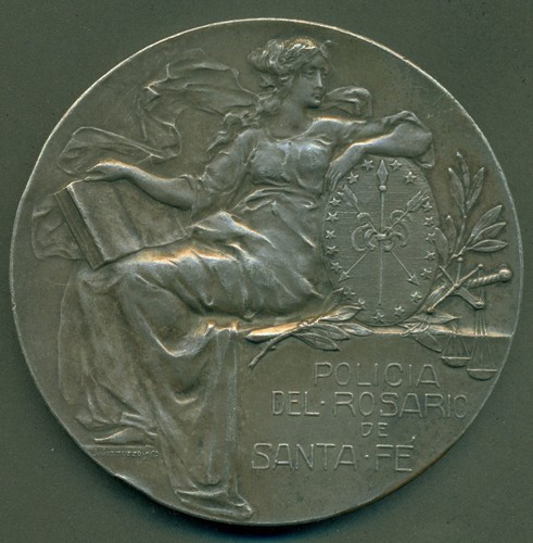 ROSARIO - SANTA FE PROVINCE - ARGENTINA 1909 HUGE SILVERED BRONZE MEDAL POLICE - Picture 1 of 2