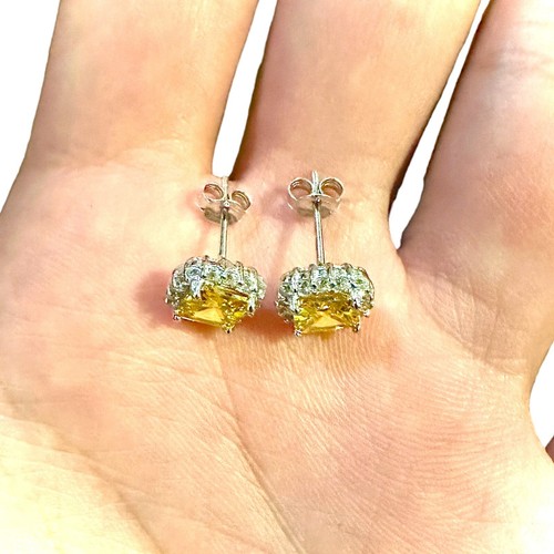 Yellow Citrine Earrings Sterling Silver 925 Stud Earrings for Women lab-created - Picture 10 of 11