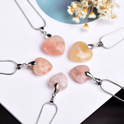 Natural Crystal Sakura Agate Quartz Healing Stone Heart Reiki Pendant Necklace - Image 1 of 4