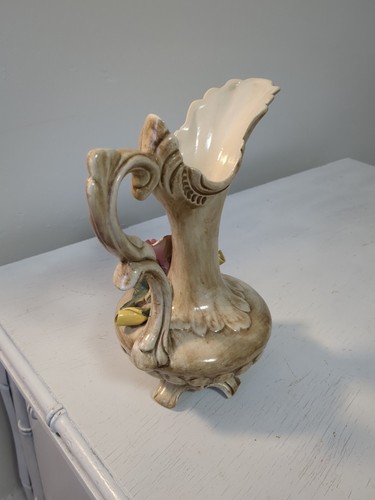 Beautiful Italian Capodimonte 9” Vase Handled & Footed Pink Flowers & Stamp - Picture 6 of 13