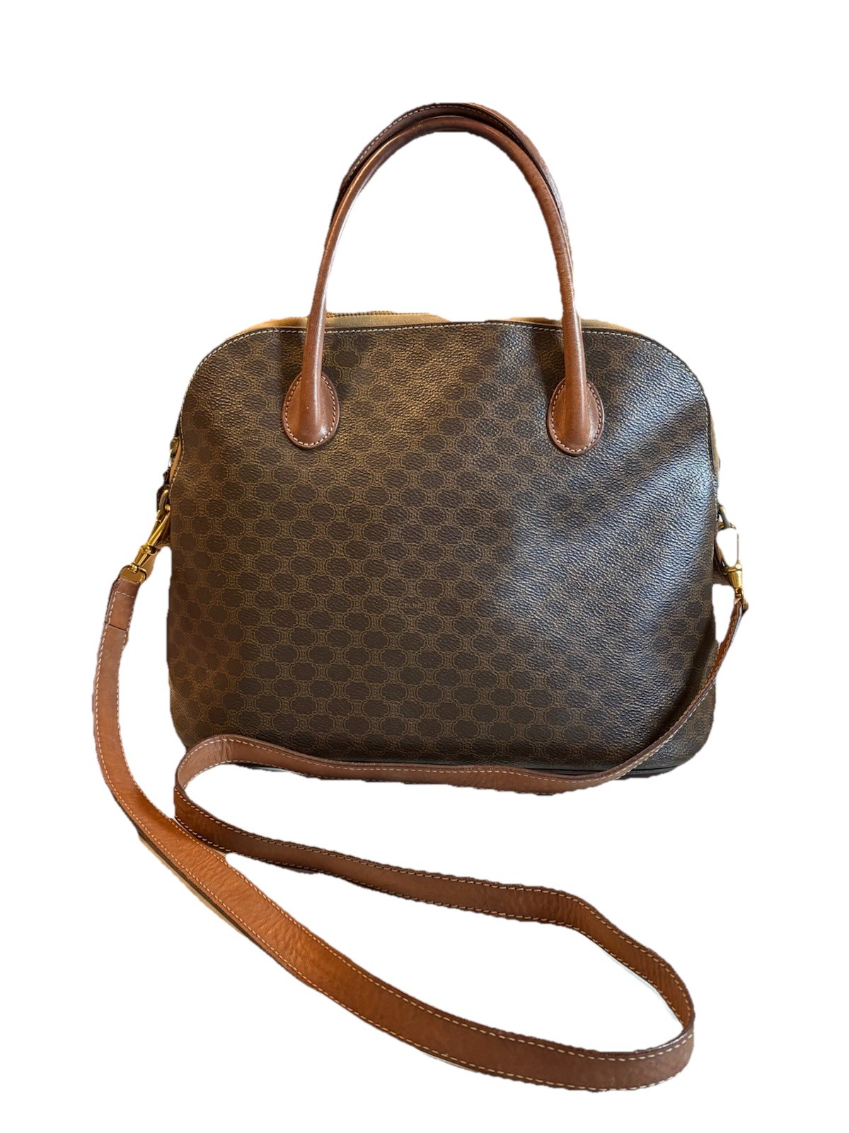 Vintage Celine Macadam coated canvas dome handle bag with leather trim.