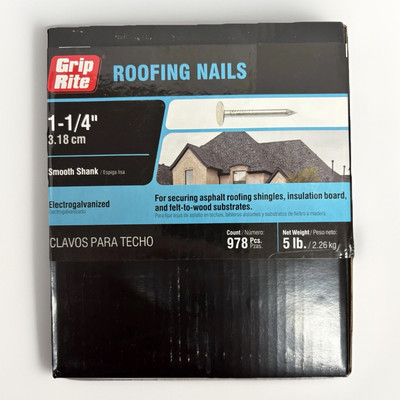 NEW Grip Rite 1-1/4  ElectroGalvanized Roofing Nails- 978 Count Smooth Shank