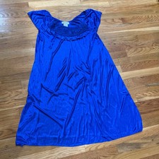 Vintage Royal Blue Satin Nightgown Lace Rosette Ruffle Trim Sleepwear Large