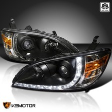 Black Fits 2004-2005 Honda Civic 24dr Led Strip Projector Headlights Lamp 04-05
