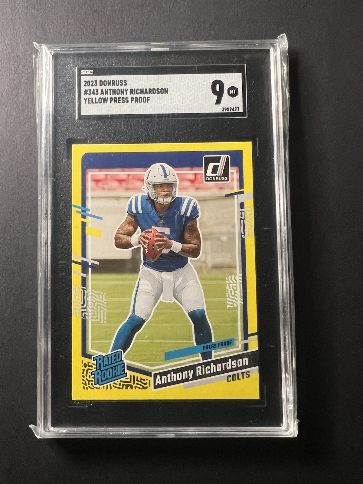 2023 Panini Donruss Rated Rookie Anthony Richardson #343 Press Proof Yellow (RC)