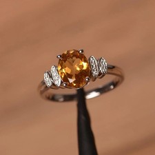 1.30Ct Oval Cut Lab-Created Yellow Citrine Engagement Ring 14K White Gold Plated
