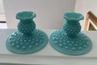 Pair of Vintage Fenton Turquoise Teal Milk Glass Hobnail Candle Holders Sticks