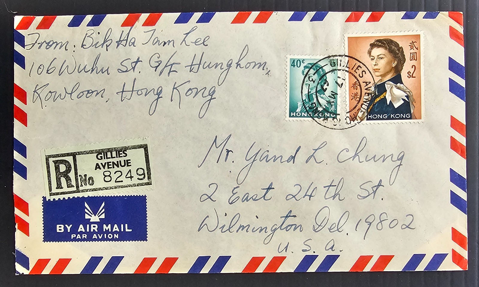 1967 Hong Kong Airmail Reg Cover 2 Stamps cd Gillies Avenue-Wilmington