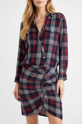 NWT Veronica Beard Emory in Navy Red Plaid Ruched Cargo Short Dress 2 $450