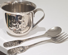 Silver Stainless Steel Baby Cup, Fork, Spoon Set with Bear Motif