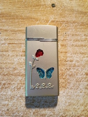 Vintage Novelty Refillable Butane Lighter Rose And Butterfly Silver Case