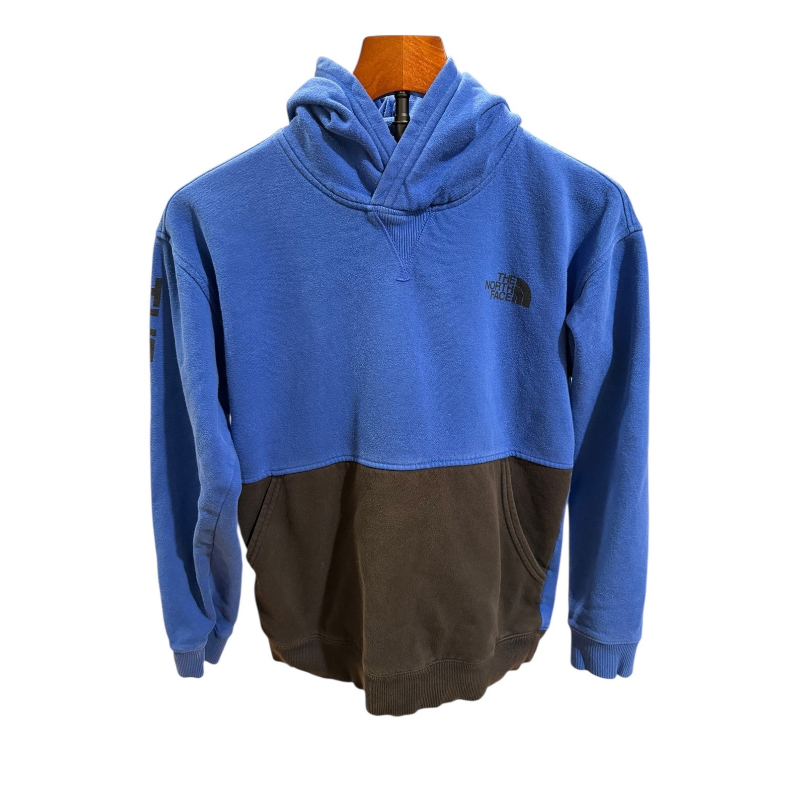 The North Face Boys Colorblock Hoodie Blue Brown Size L14 16 Side Hit Spellout