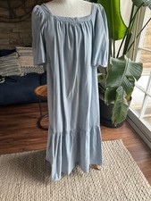Zara Blue Square Neck 3/4 Sleeve Linen Blend Loose Fit Midi Dress XS/S fIT 8-14